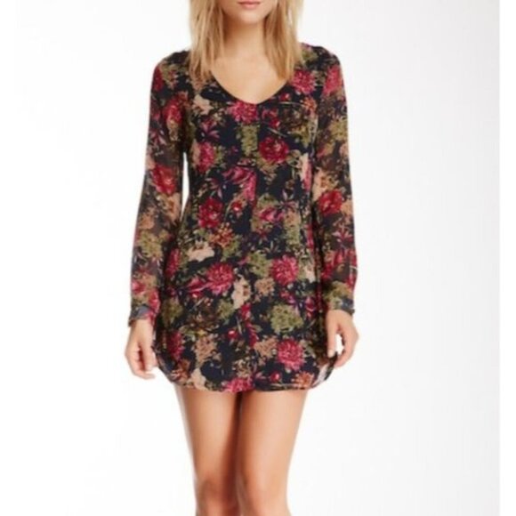 Astr Dresses & Skirts - ASTR Navy/Black Floral Long Sleeve Mini Shift Dress Size Small